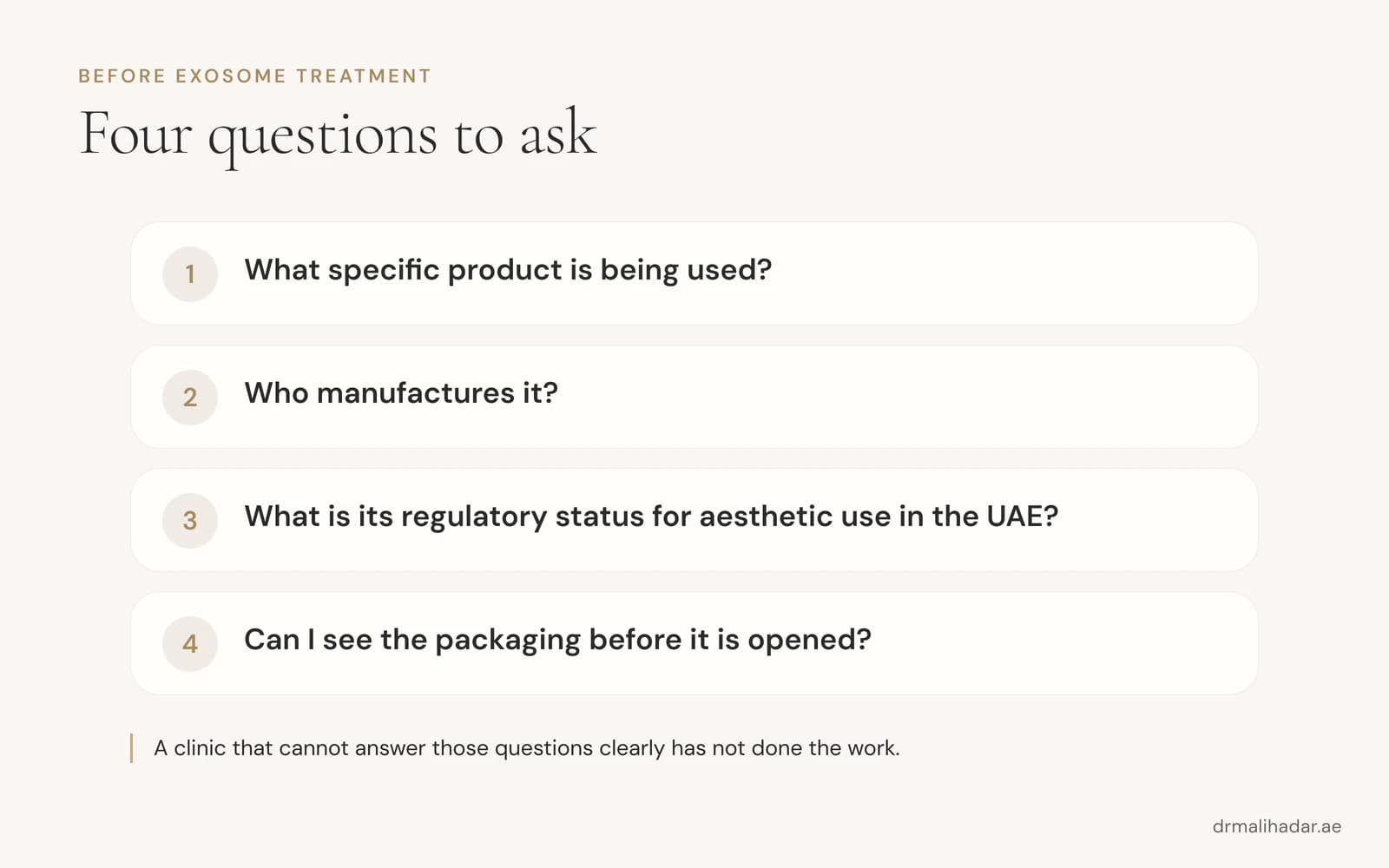 Checklist of four questions to ask a clinic before exosome treatment
