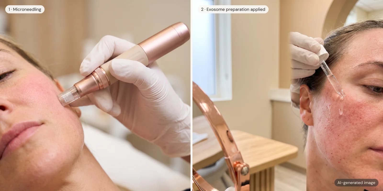 Two steps: a microneedling pen on the cheek, then a clear preparation applied with a dropper to the freshly needled skin