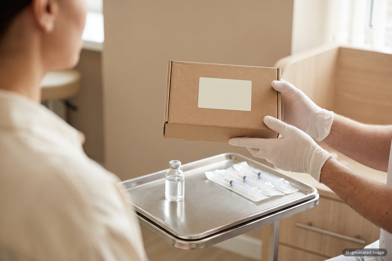 Gloved hands showing a patient a sealed box before treatment, with a sealed vial and packaged syringes on the tray