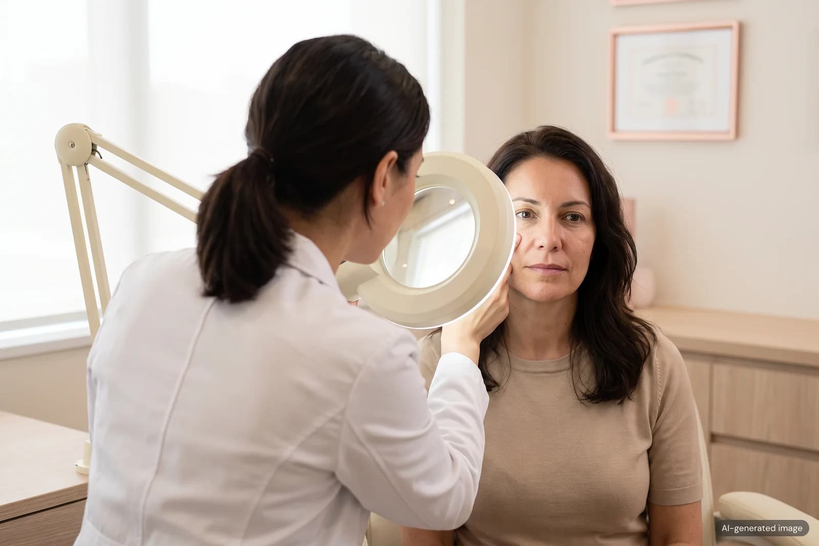 A clinician examining a woman's skin texture through a magnifying lamp during a consultation