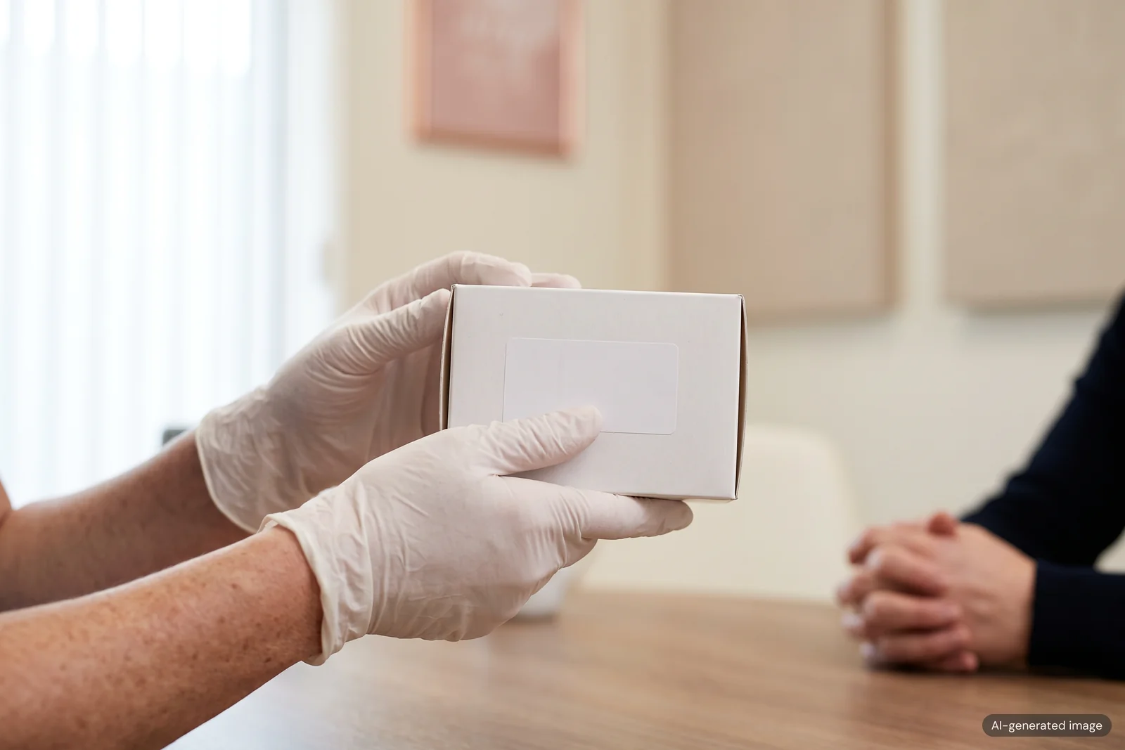 A sealed product box held up to show a patient before it is opened
